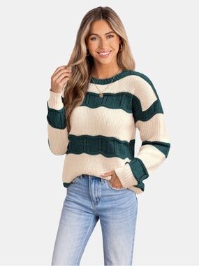 NWT Cupshe Cozy Dark Green Striped Sweater  Size Small